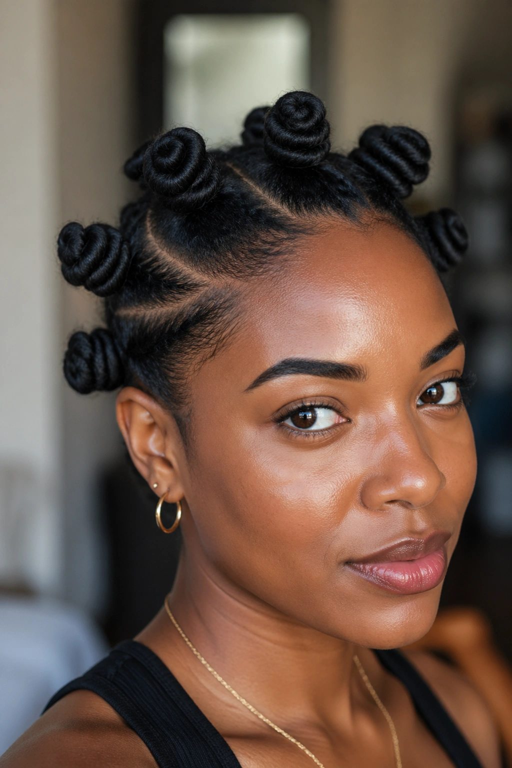 Close-up of a real person with a six-knot crown forming a halo on top of the head