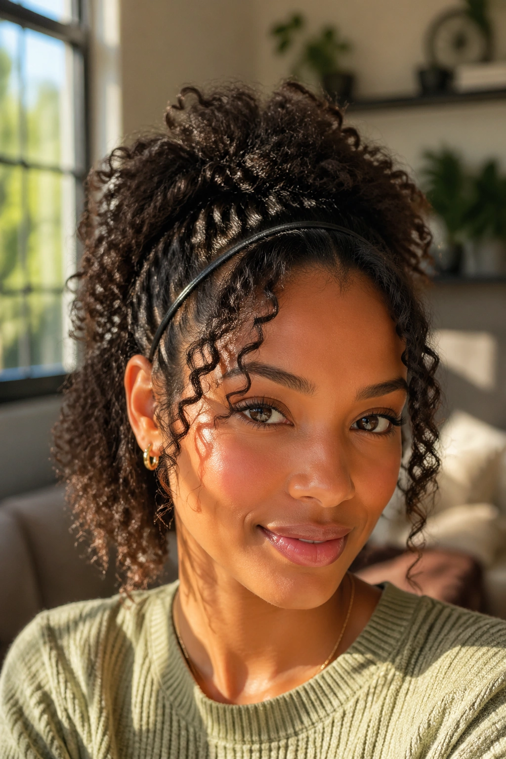 Close-up of a person wearing a skinny elastic headband in a half-up hairstyle