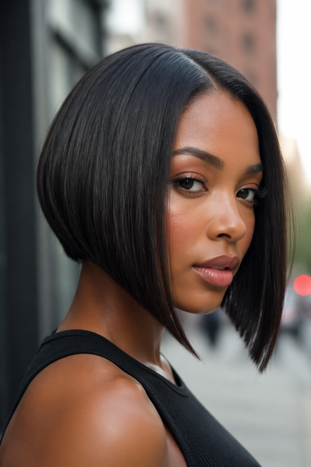 Real person with sleek A-line bob hairstyle