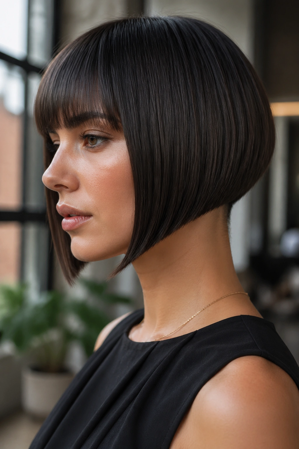 Portrait of a real person with a sleek A-line bowl bob