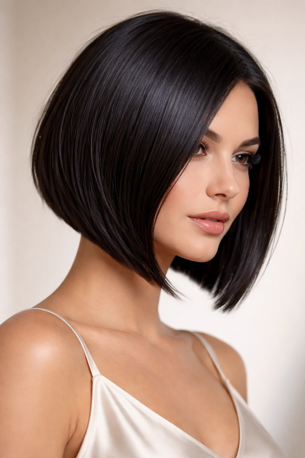 Sleek angled bob with glossy finish on straight hair in studio portrait