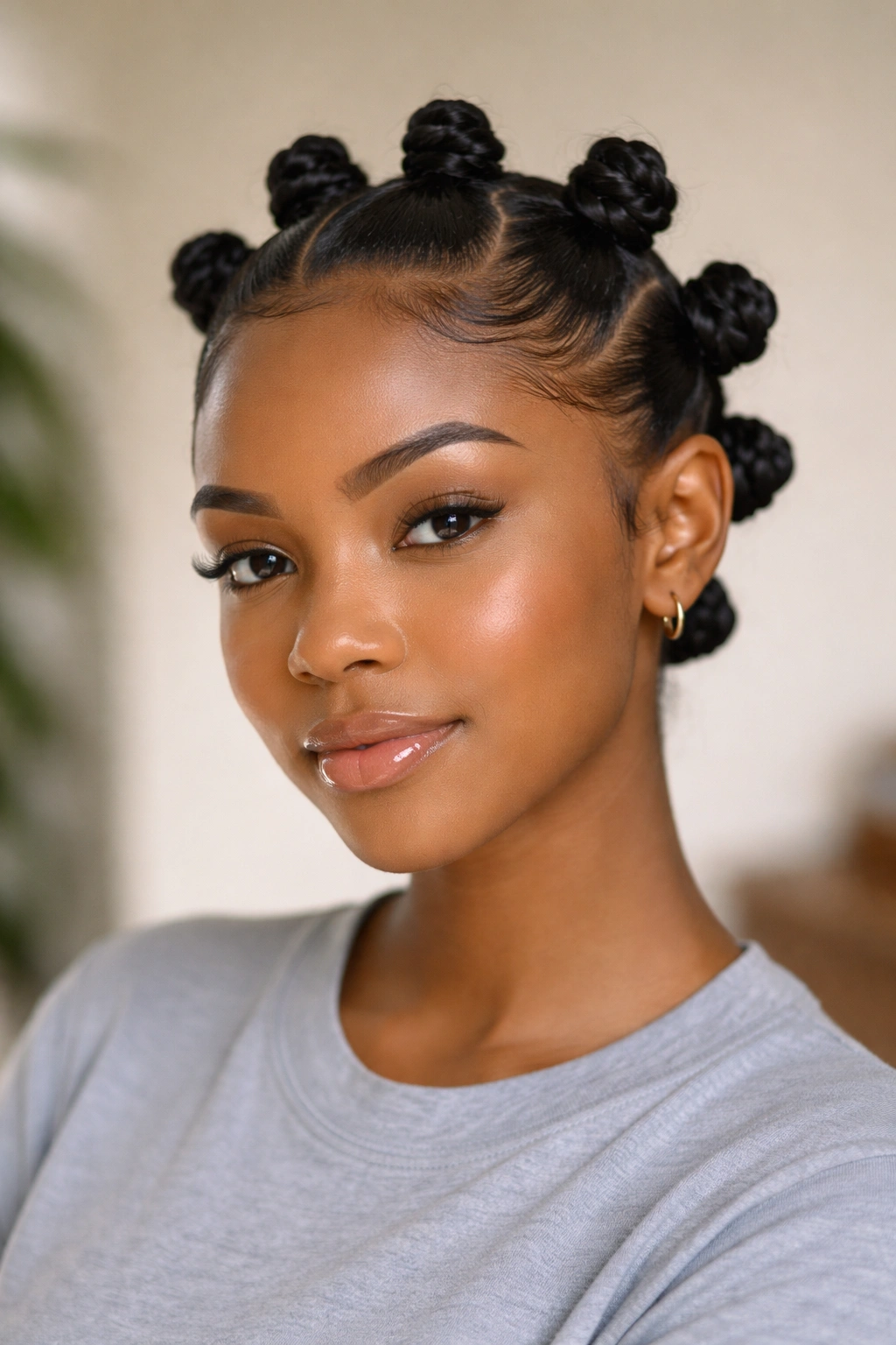 Close-up of sleek-front Bantu knots with smooth hairline