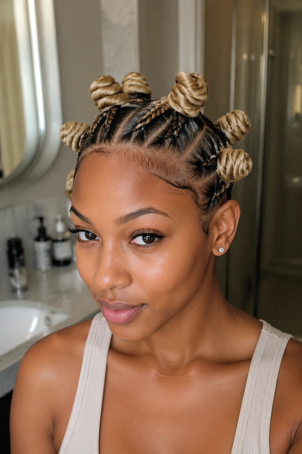 Real person with sleek blonde knots and braided roots, close-up