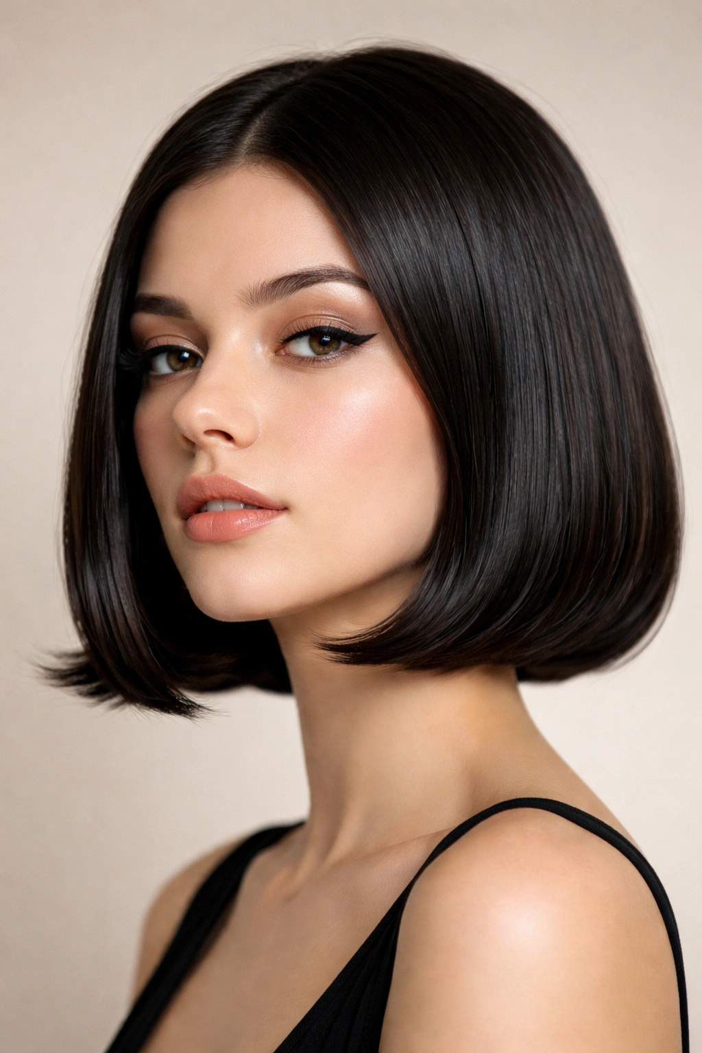 Close-up of a sleek blunt flipped bob showing a clean line and subtle flip