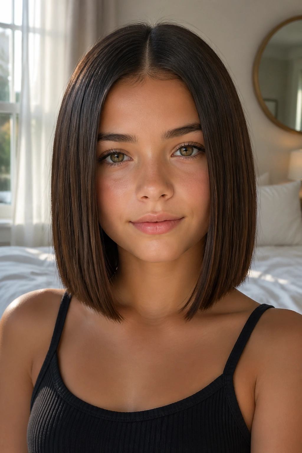 Close-up of Sleek Blunt Lob with Center Part on a real girl, sharp collarbone-length cut.