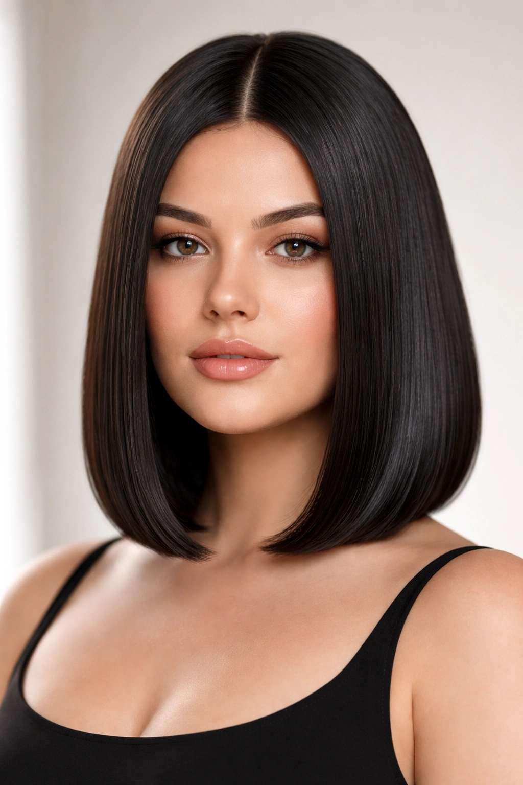 Silky sleek bob with a center part and glossy finish
