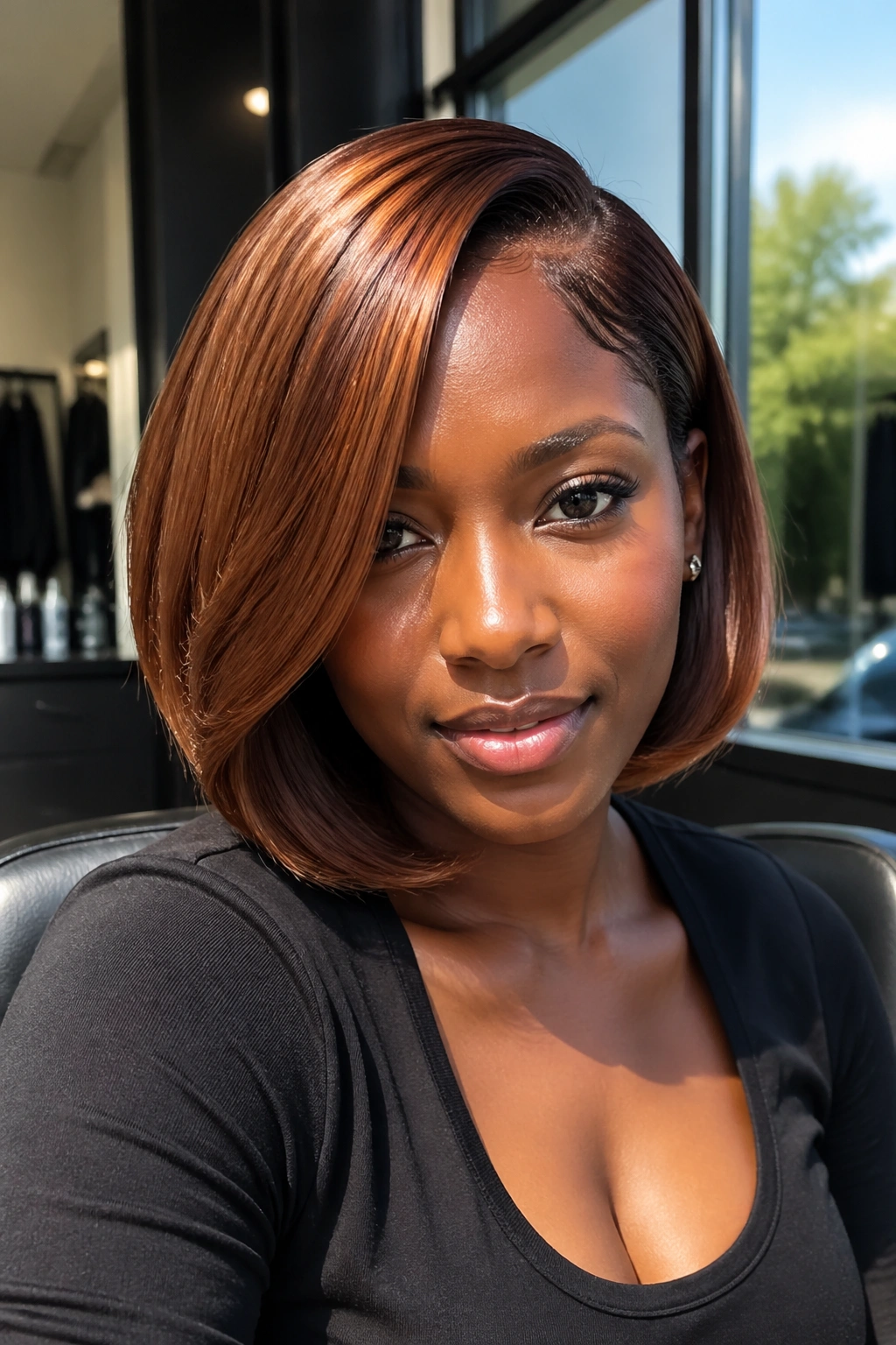 Close-up of a real woman with side-part sleek bob and copper brown shine