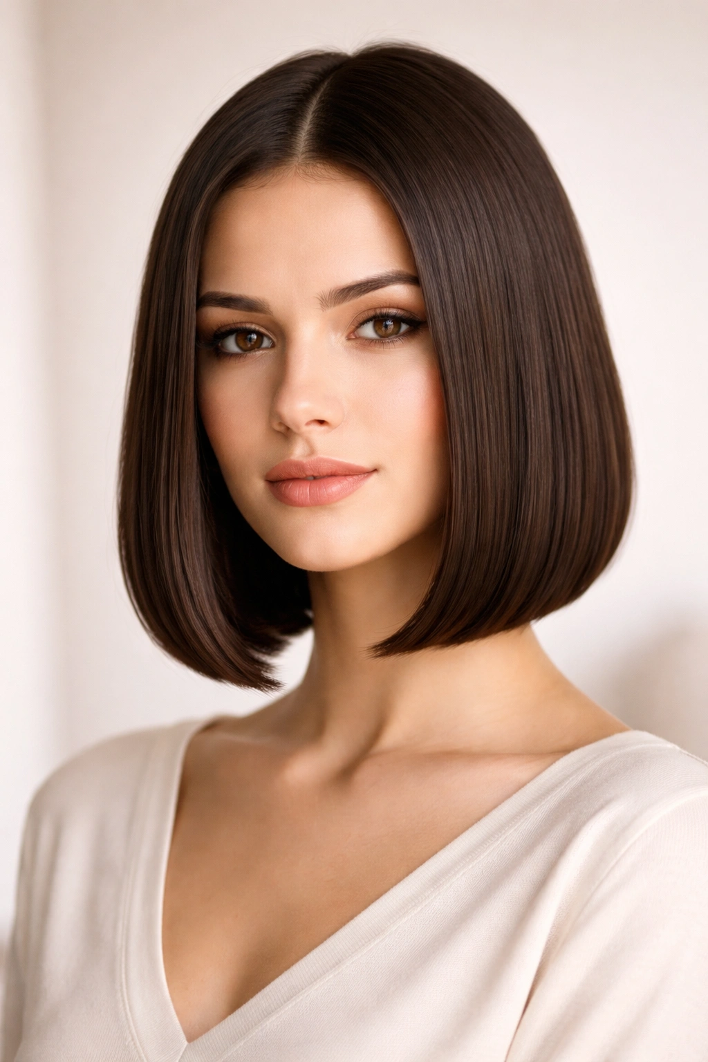 Sleek straight bob with center part and glossy finish