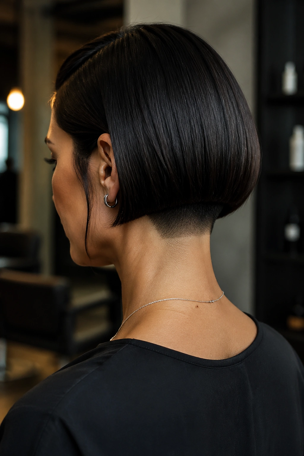 Real person with sleek bob and hidden undercut at the nape