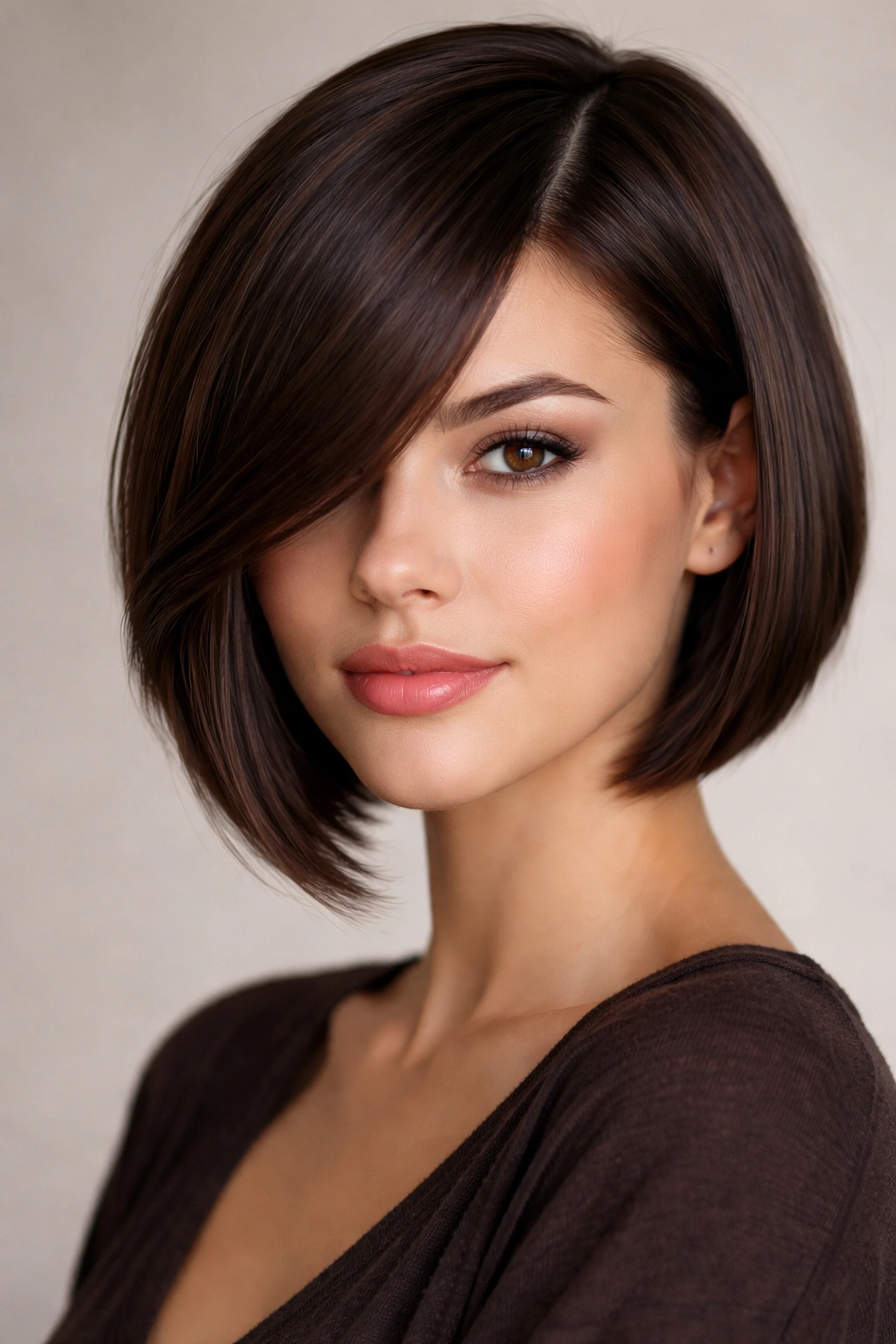 Sleek jaw-length bob with long side bangs creating a diagonal face line.