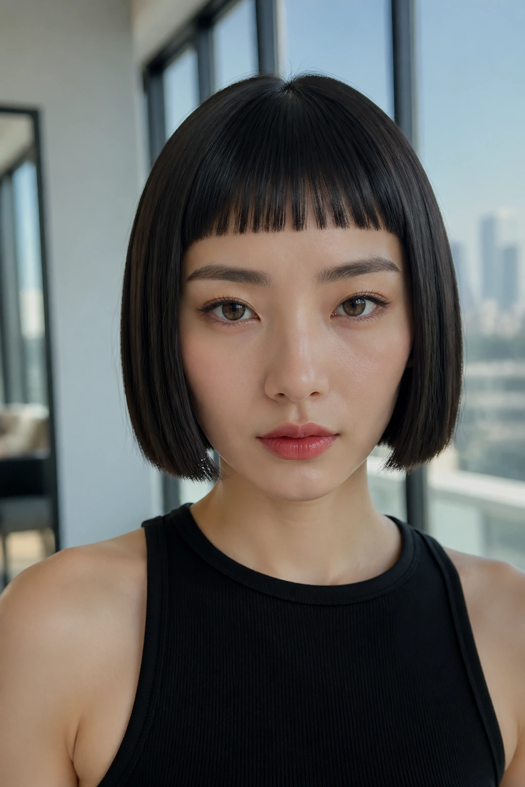 Close-up portrait of a real woman with a sleek straight bob and micro fringe in a bright loft
