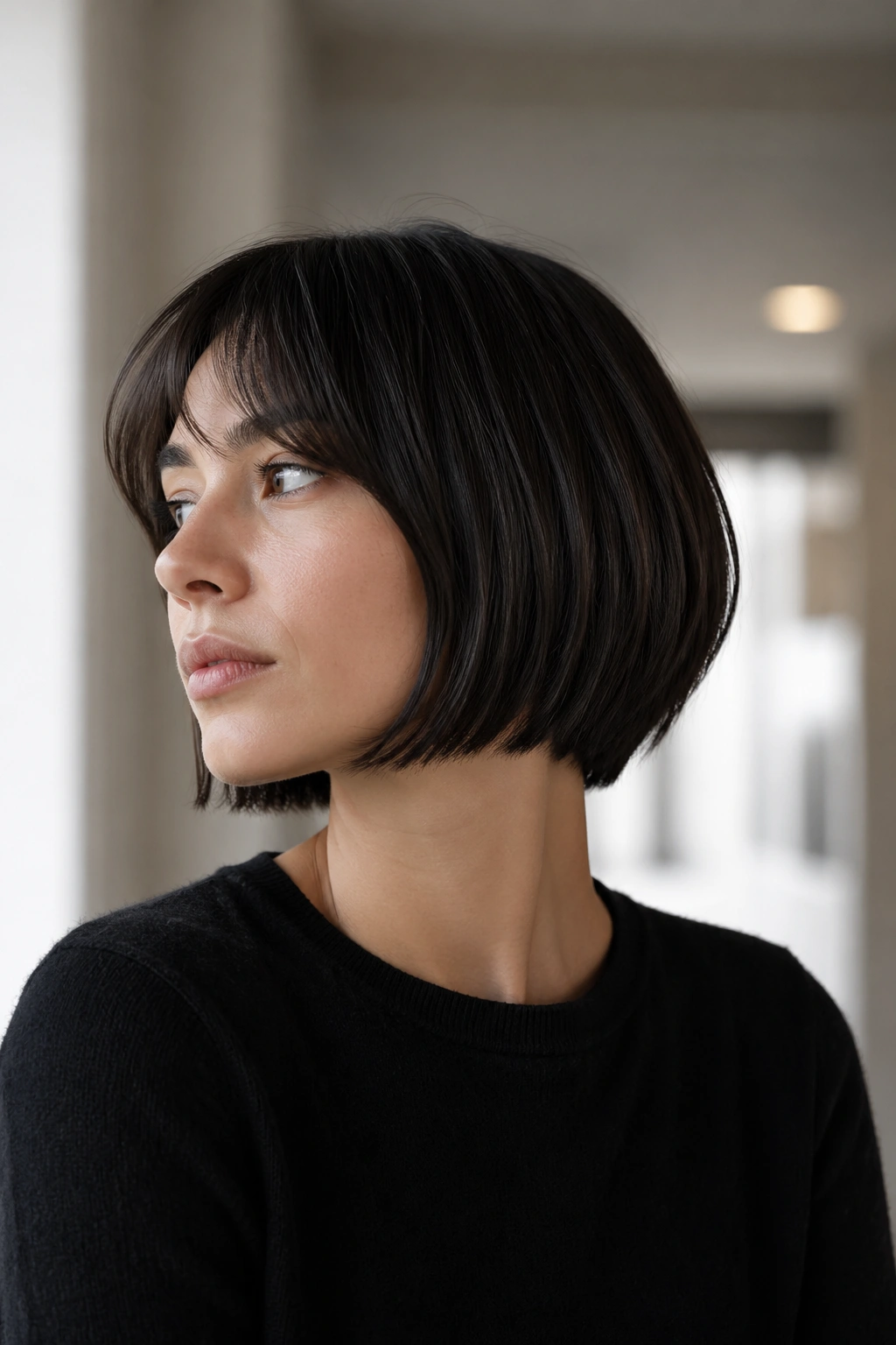 Close-up of a real woman with a sleek French bob wolf cut with hidden layers