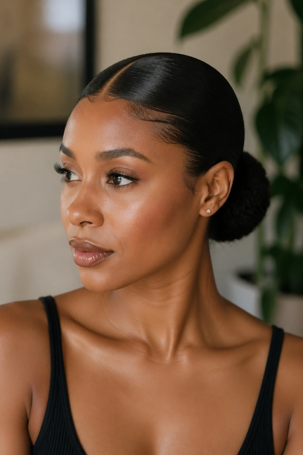 Close-up of a woman with a sleek middle-part bun