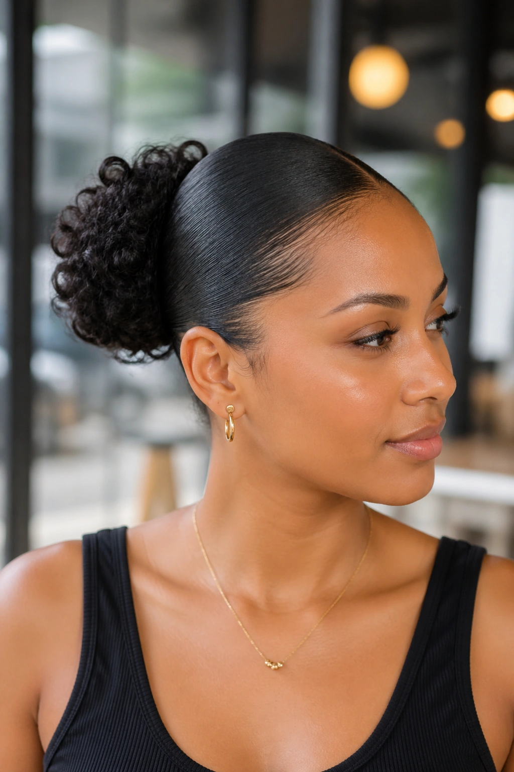 Close-up of a real woman with a sleek curly bun and smooth hairline