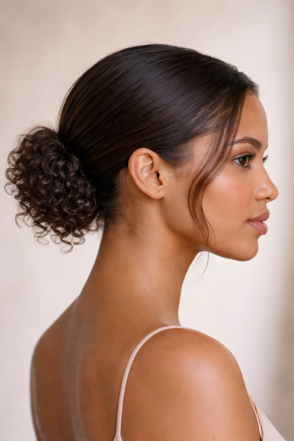 Sleek low bun at the nape with textured curling ends peeking out.