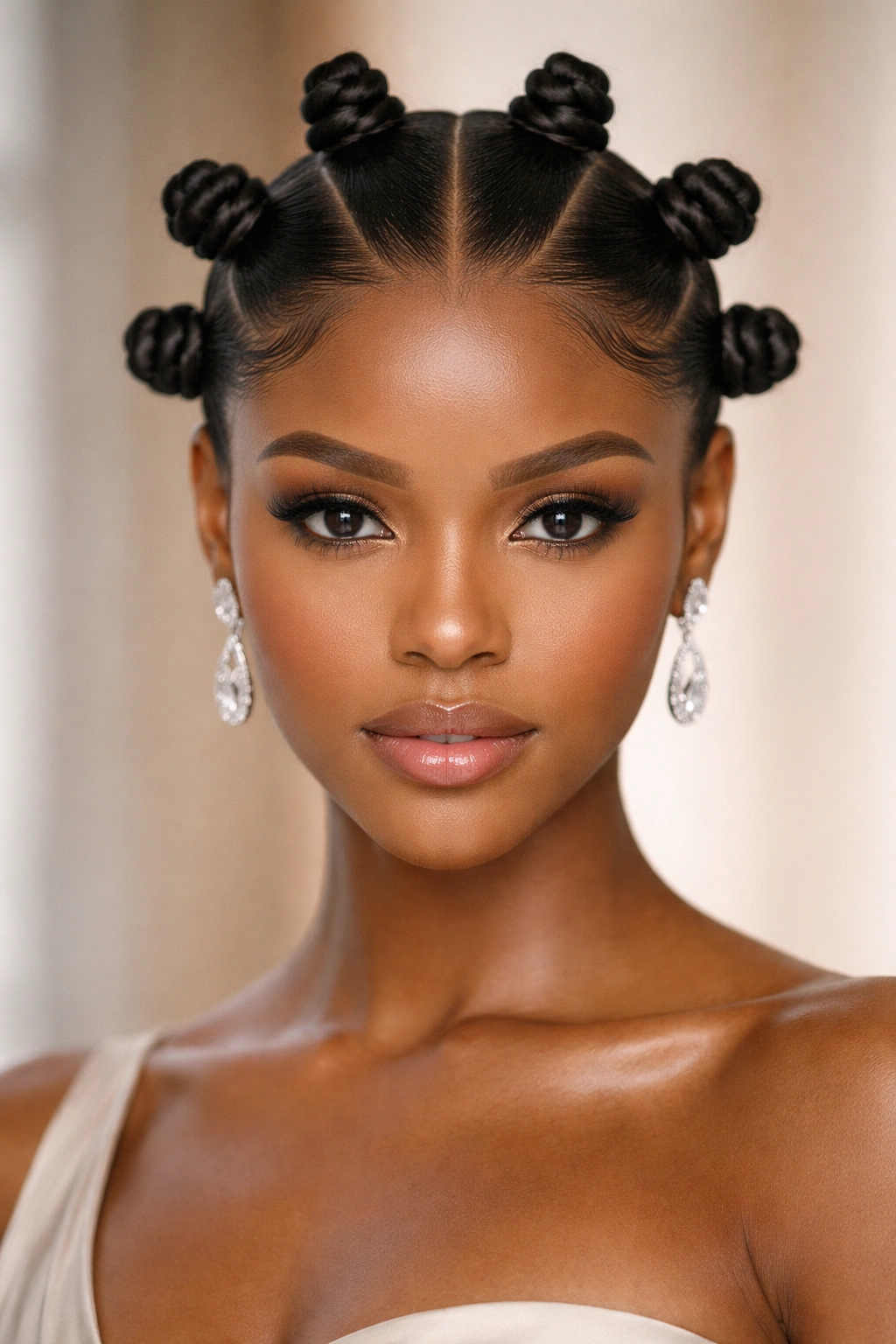 Sleek center-part bantu knot hairstyle with symmetrical knots along the part