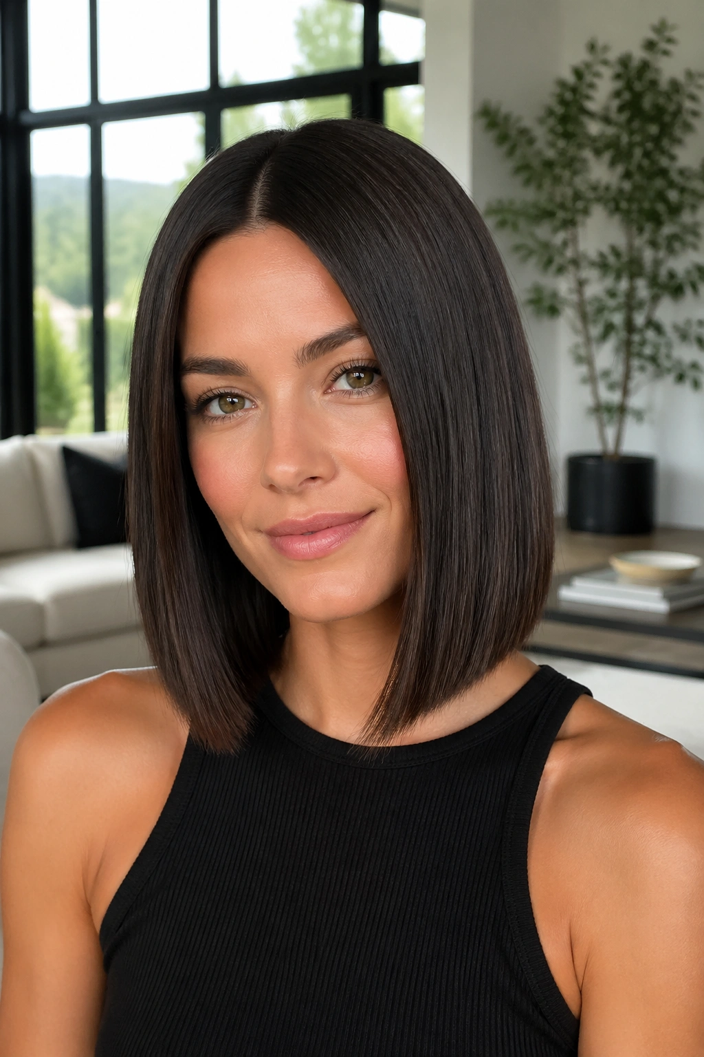 Close-up of a real woman with a sleek center-part lob on straight hair.