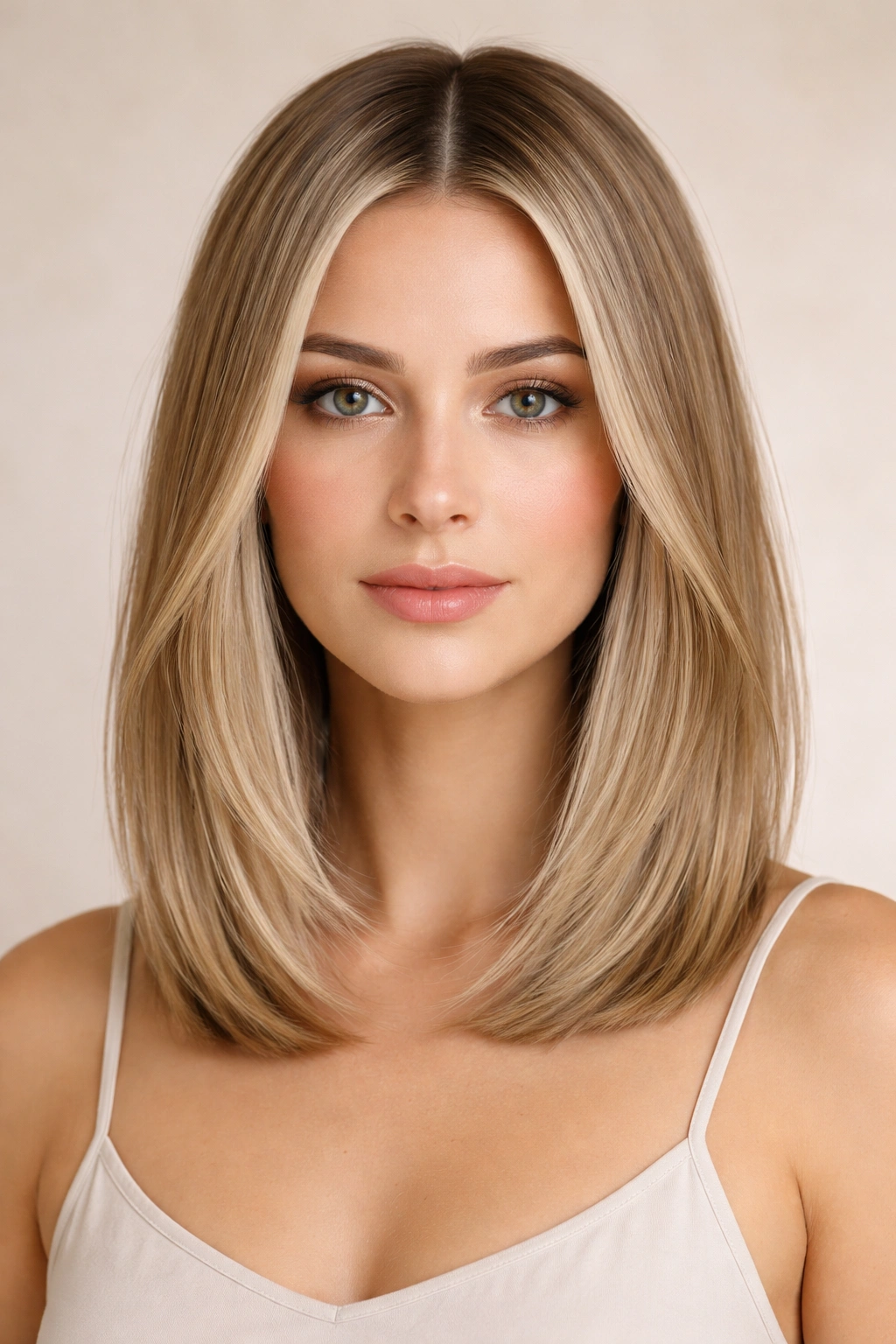 Portrait of a person with a Sleek center-part razor lob showing a smooth top and soft bottom edge.