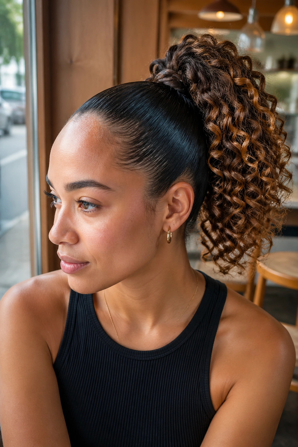 Close-up of a real woman with a sleek crown and defined curls at the ends