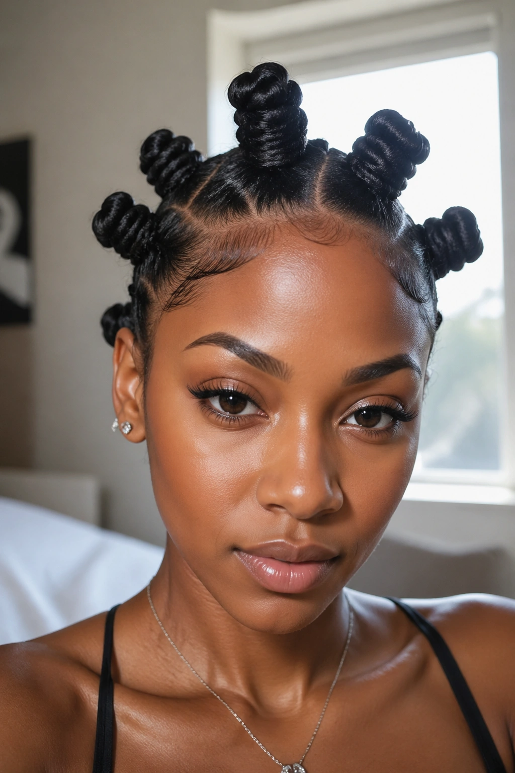Close-up frontal portrait of a real person with sleek edge-focused Bantu knots