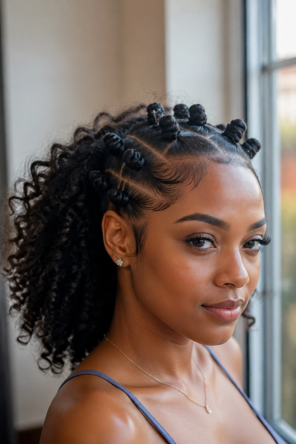 Portrait of a real woman with sleek edges and airy back curls.