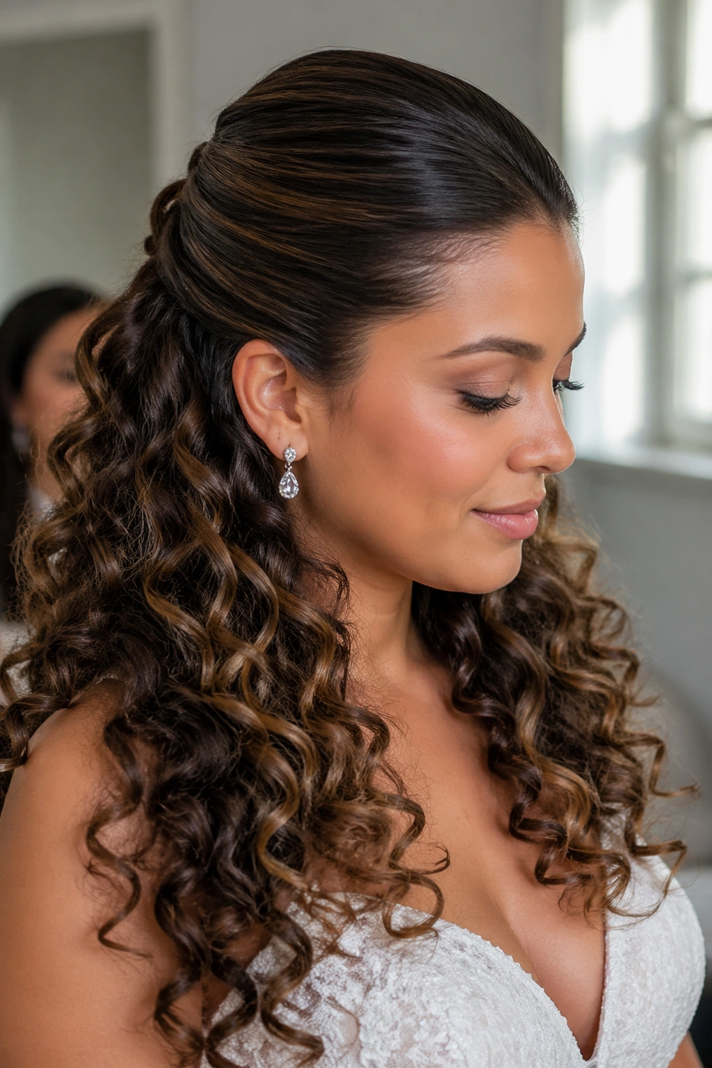 Close-up of a bride with a sleek front and large curly length below