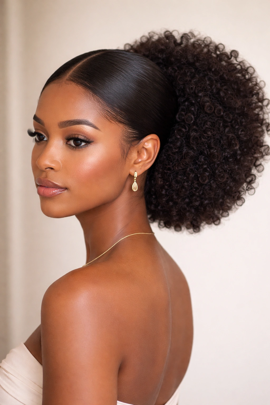 Front-smooth hair with a full back puff and defined texture.