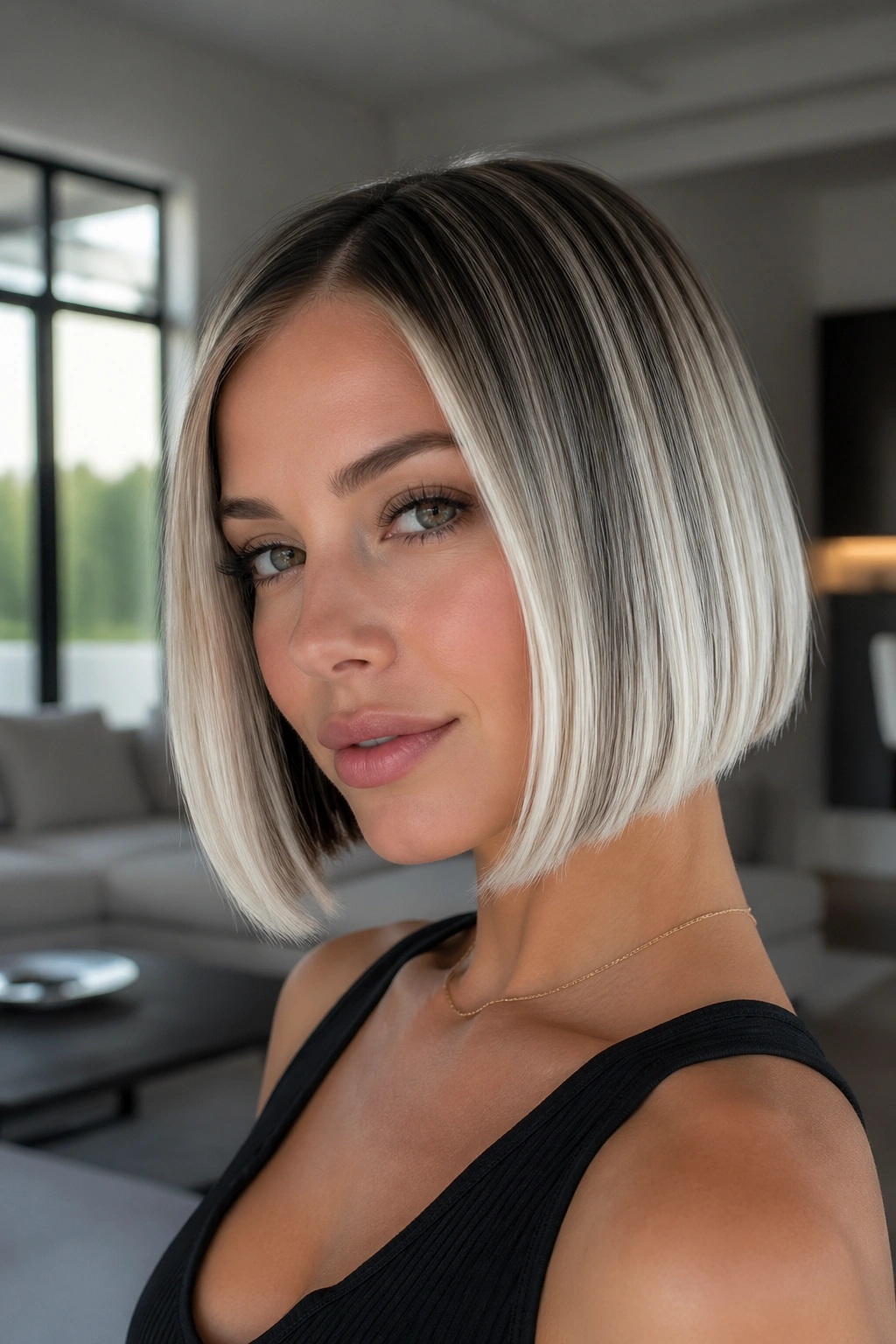 Close-up of a real woman with a sleek glass bob and platinum panels