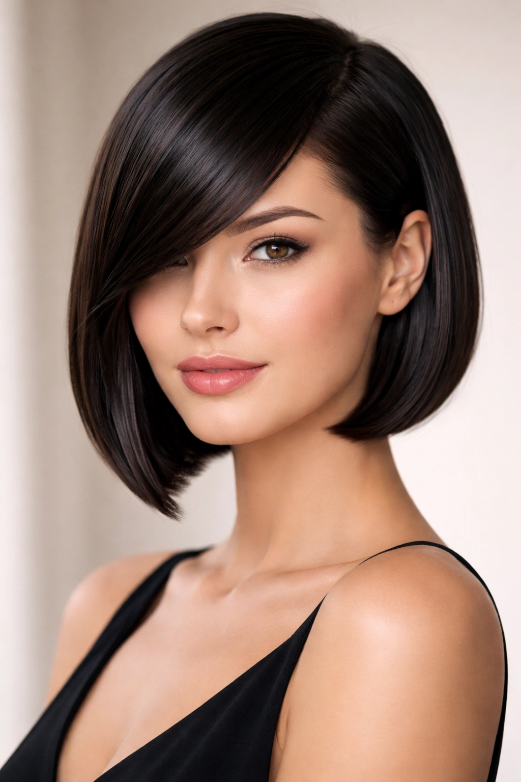 Sleek glass bob with side-swept fringe and high shine silhouette