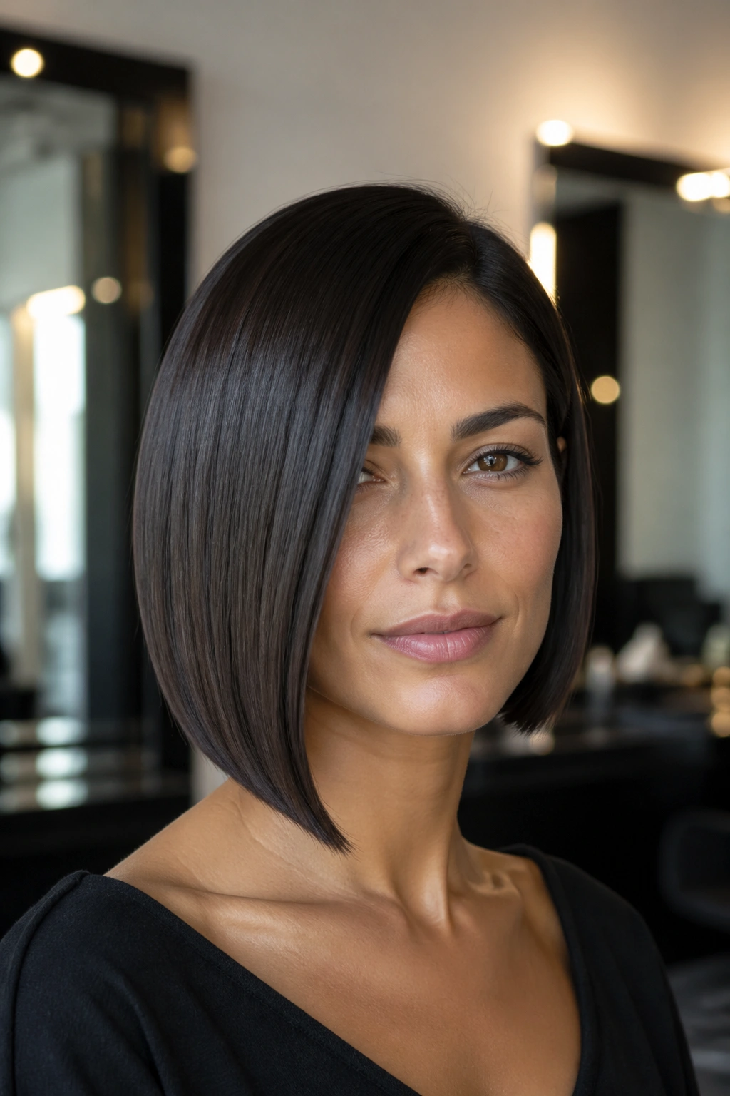 Close-up of a real person with a sleek glass-finish asymmetrical bob in a modern salon.