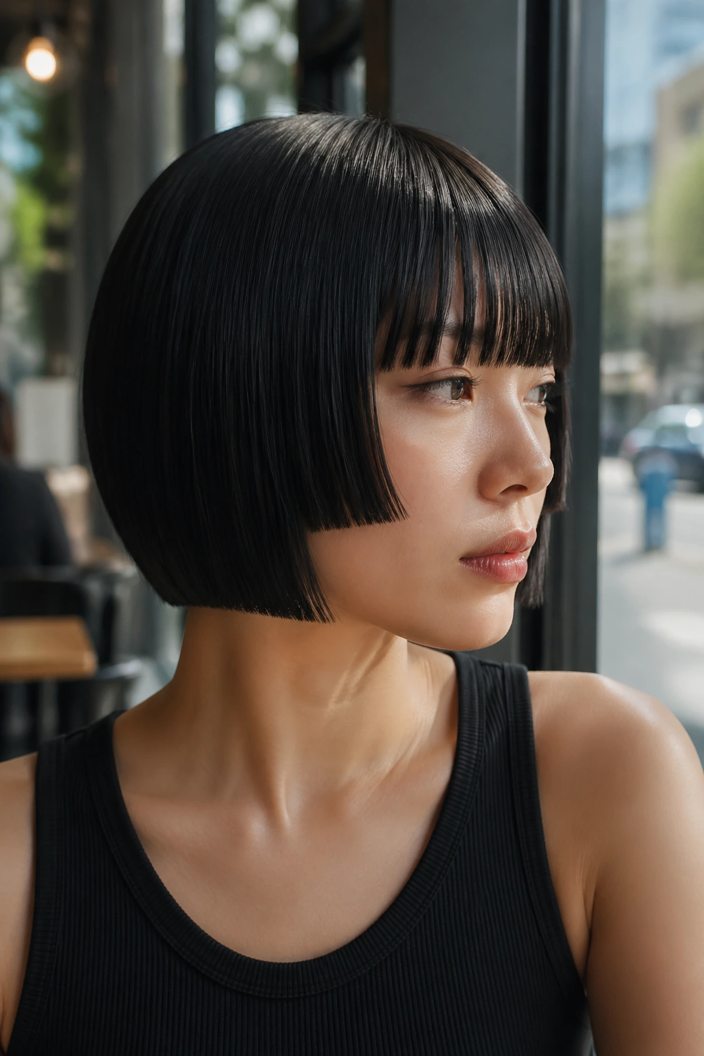 Portrait of a real woman with Sleek Glass Hime Cut Bob showing glossy, straight hair and precise fringe in natural light.