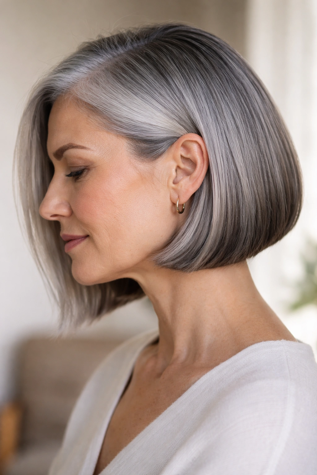 Close-up of a sleek grey bob tucked behind the ear with a smooth, glossy finish
