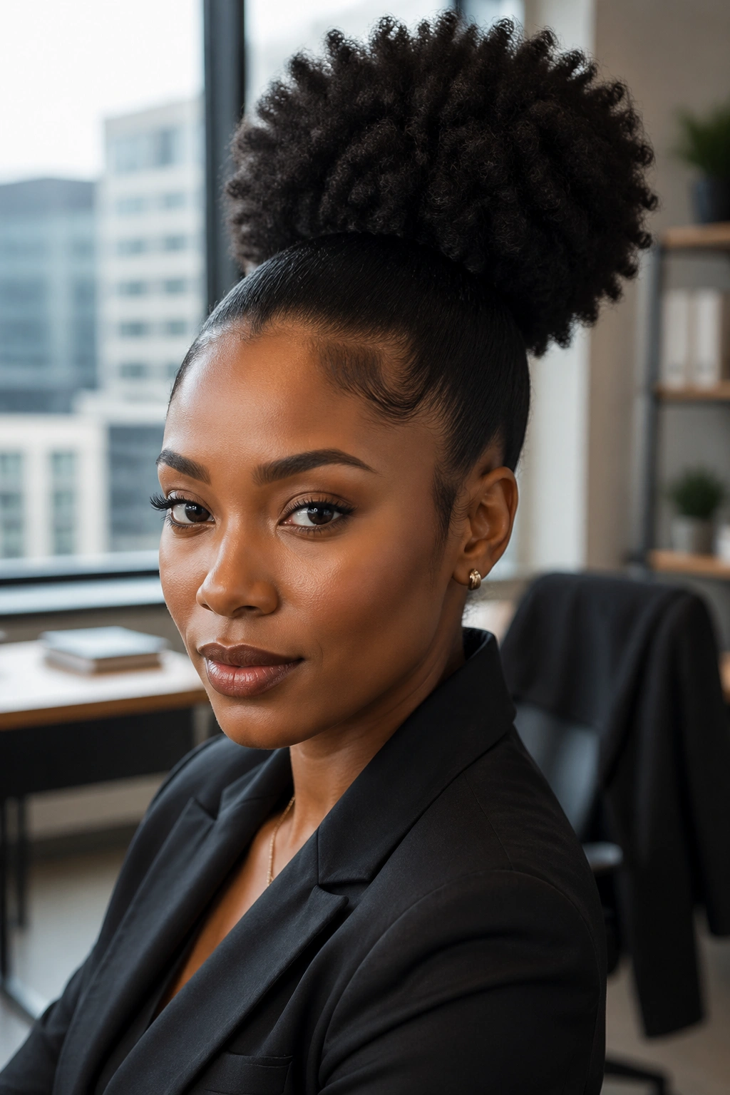 Close-up of a real person with a sleek high afro ponytail in a modern office setting