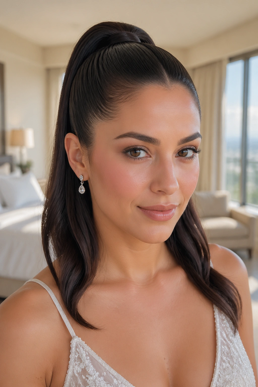 Close-up of a real woman with a sleek high half-up ponytail hairstyle