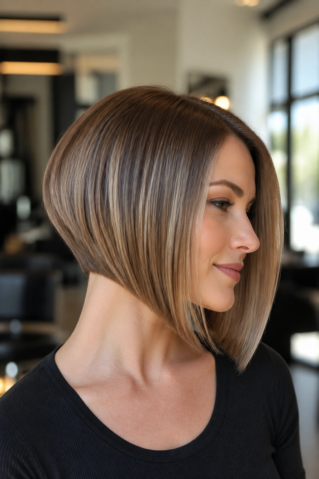 Close-up of real woman with Sleek A-Line Inverted Bob in a salon setting.