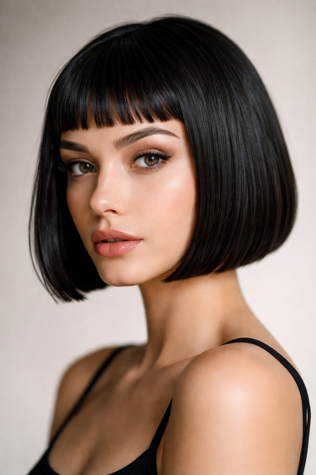 Glossy Italian bob with micro bangs above brows; sleek and sharp