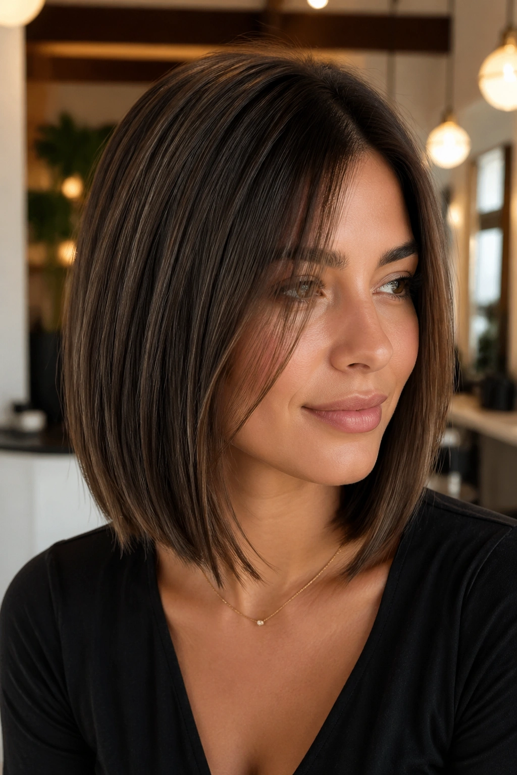 Close-up of a real woman with a sleek layered bob and long interior layers