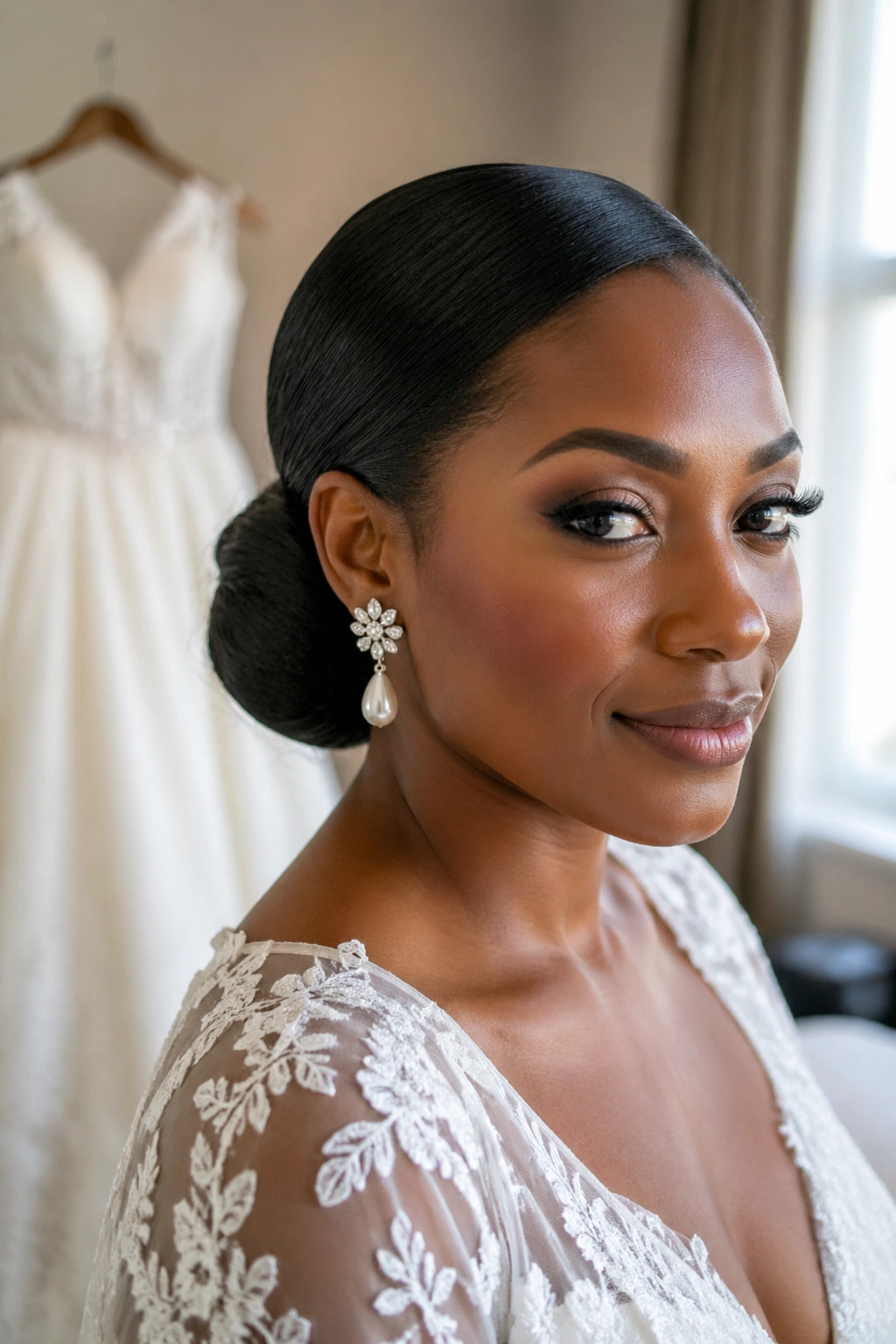 Close-up of a bride with a sleek low bun at the nape