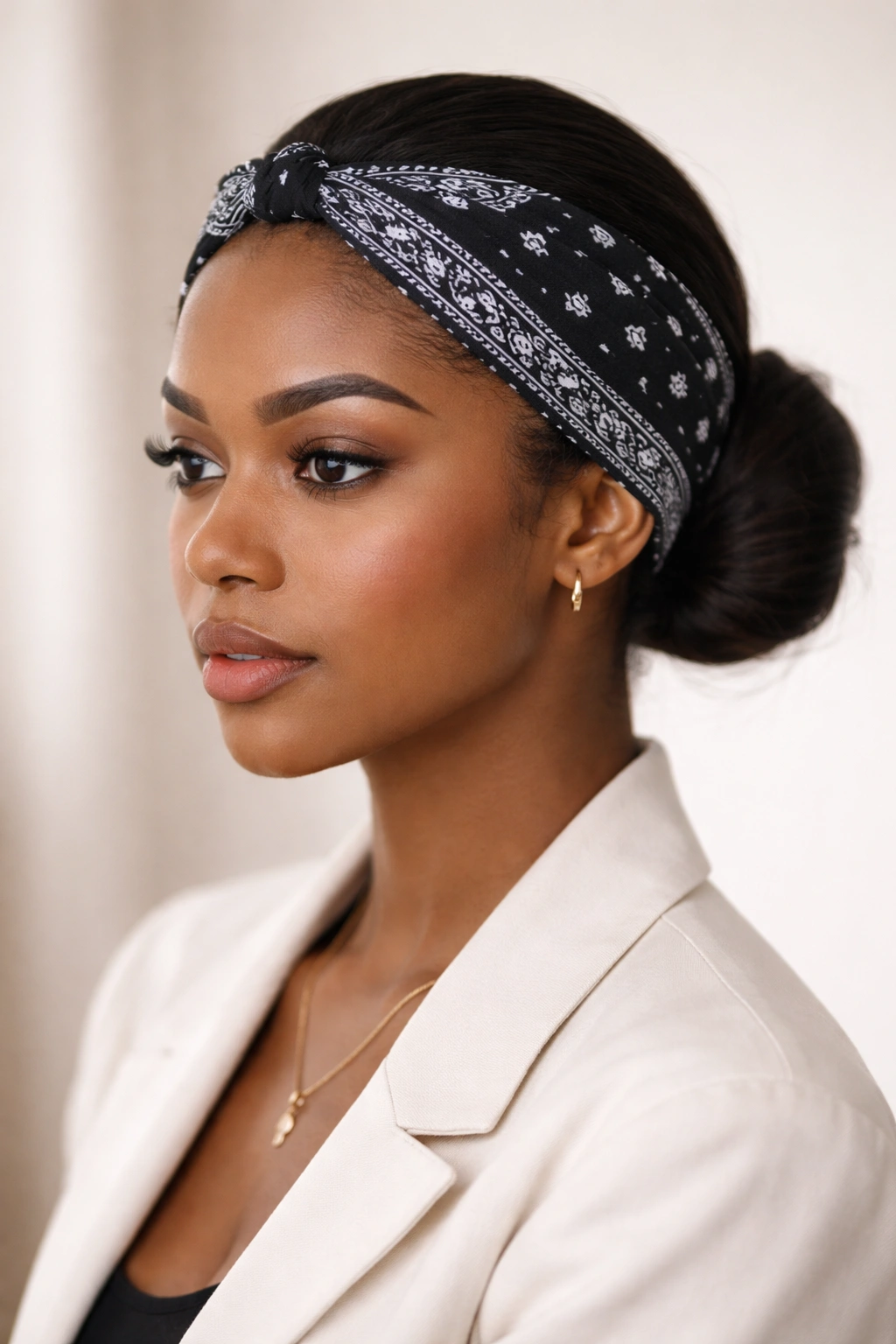Sleek low bun with center knot and front bandana
