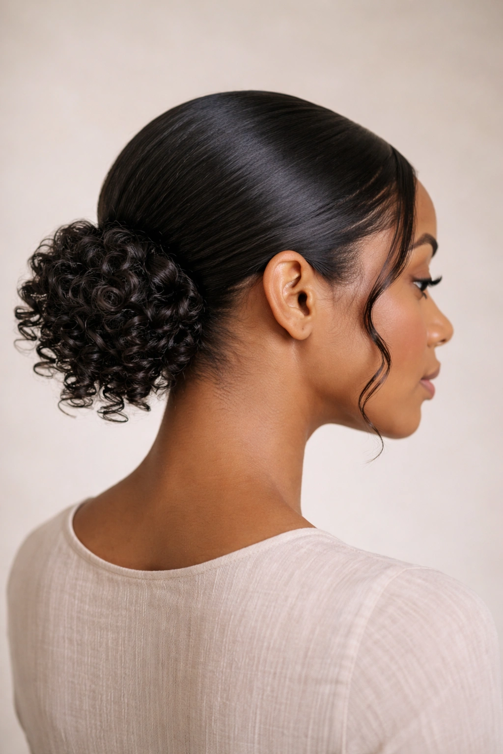 Portrait of a sleek low bun at the nape with curly ends peeking
