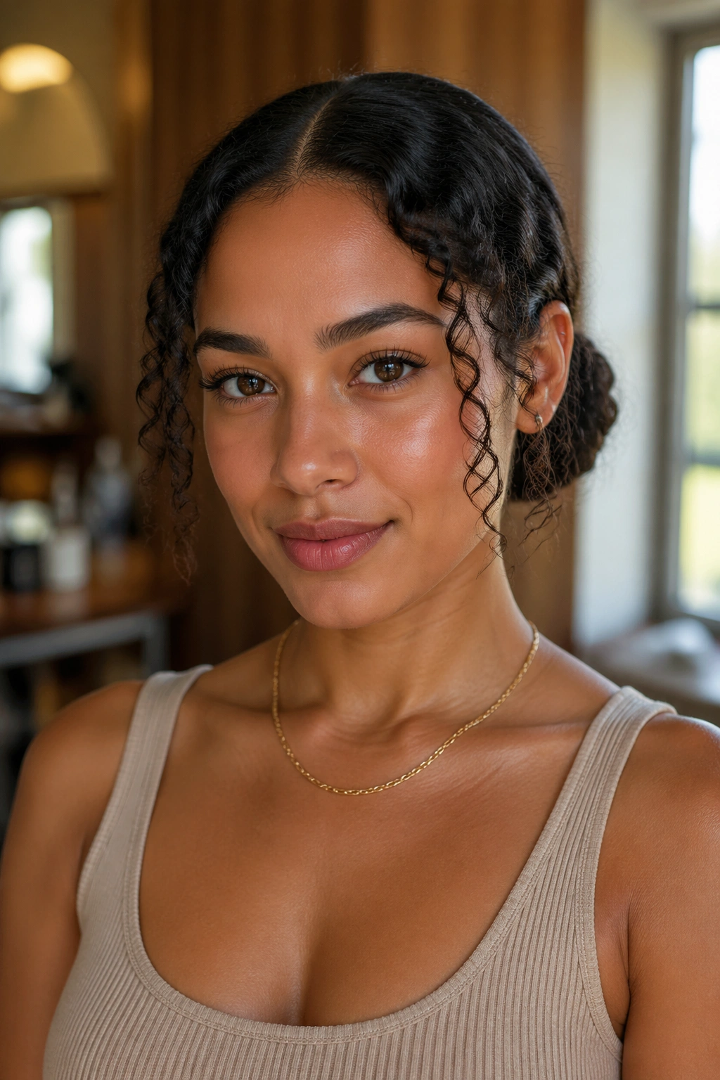 Close-up of a real woman with a center-part and sleek low bun with tendrils