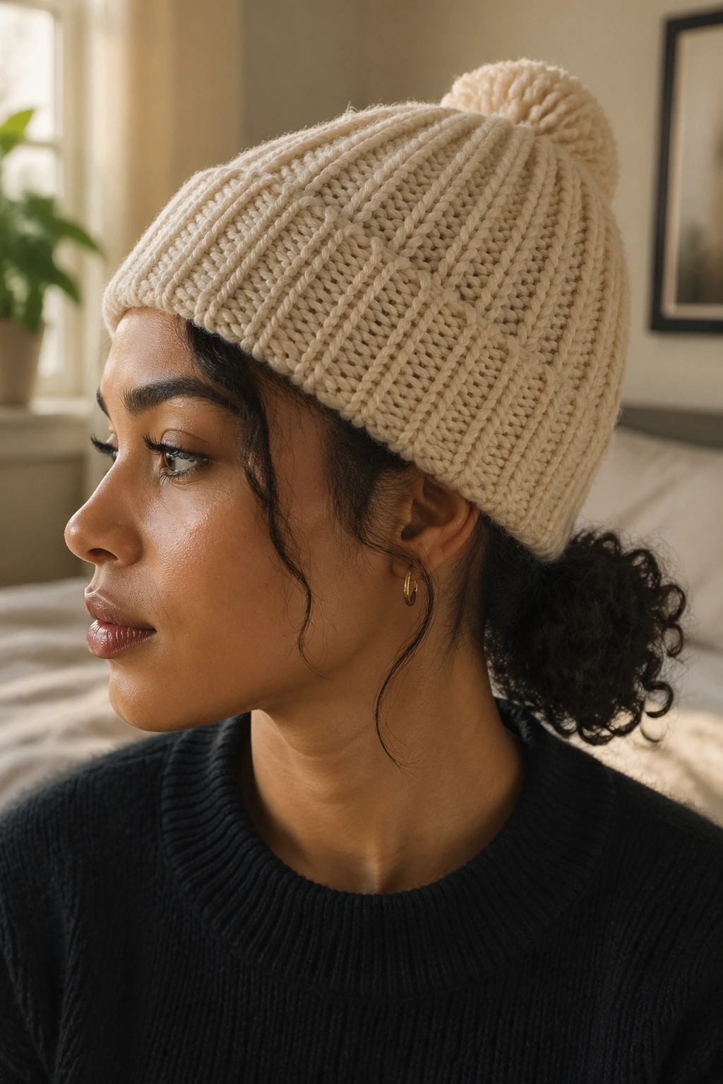 Close-up of a real woman wearing a knit beanie with a sleek low ponytail and curly ends at the nape