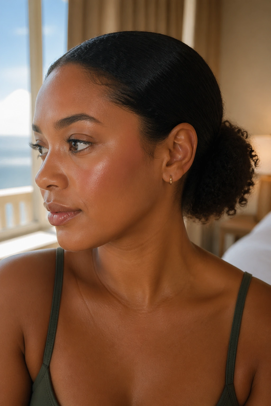 Woman with sleek low puff hairstyle in hotel room window light