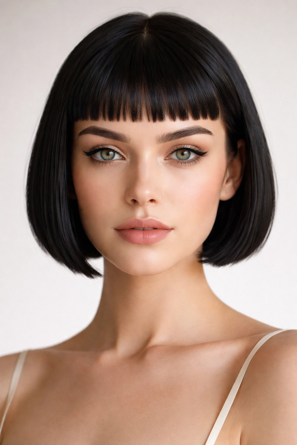 Front view of a sleek micro bob with tiny baby bangs.