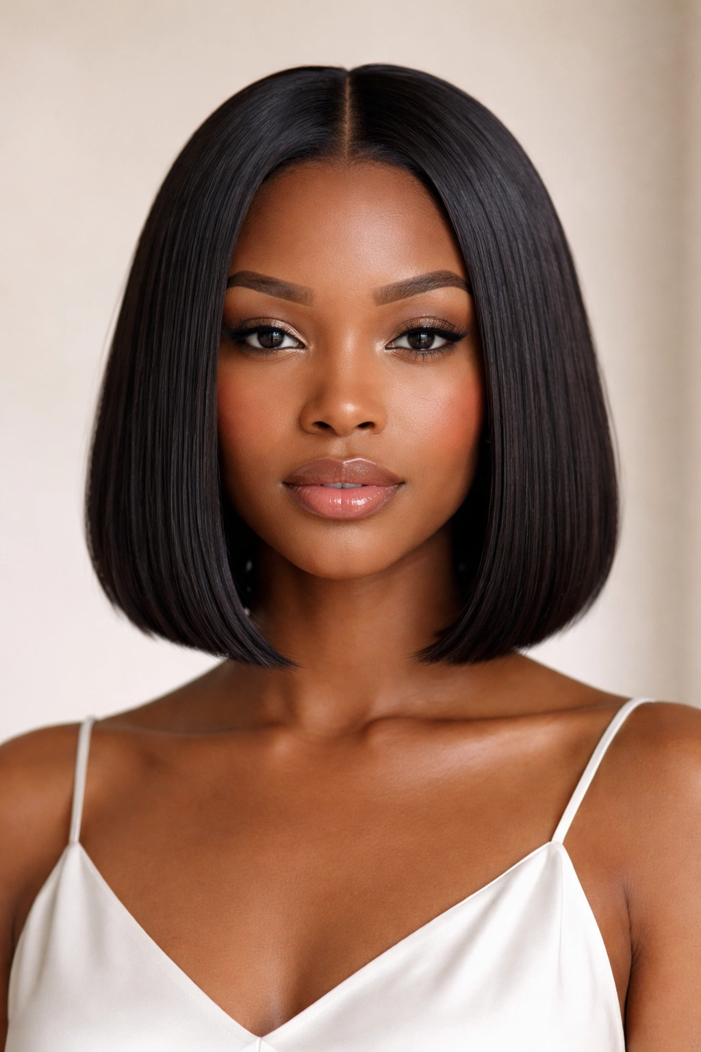 Sleek middle-part bob with blunt ends and glossy finish on relaxed hair