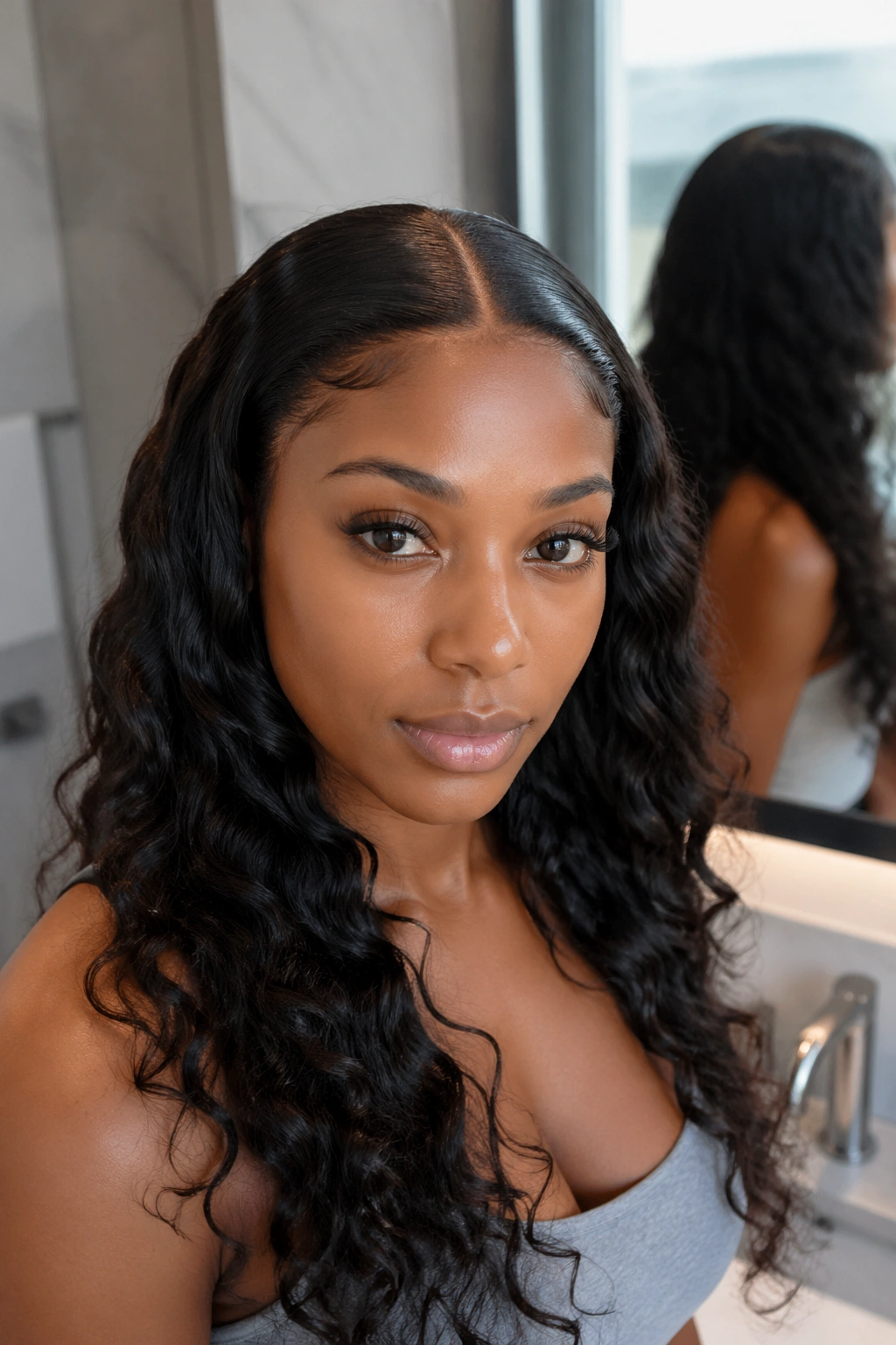 Portrait of a real woman with a sleek middle part and loose curls