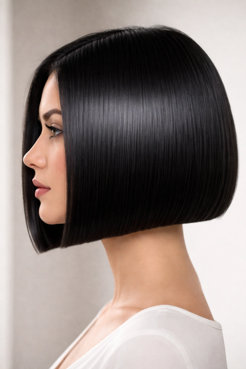 Profile view of a sleek, blunt chin-length bob with high shine