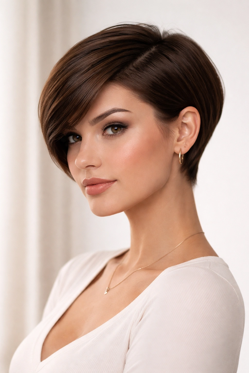 Sleek pixie bob with deep side part showing smooth shine and curved front pieces