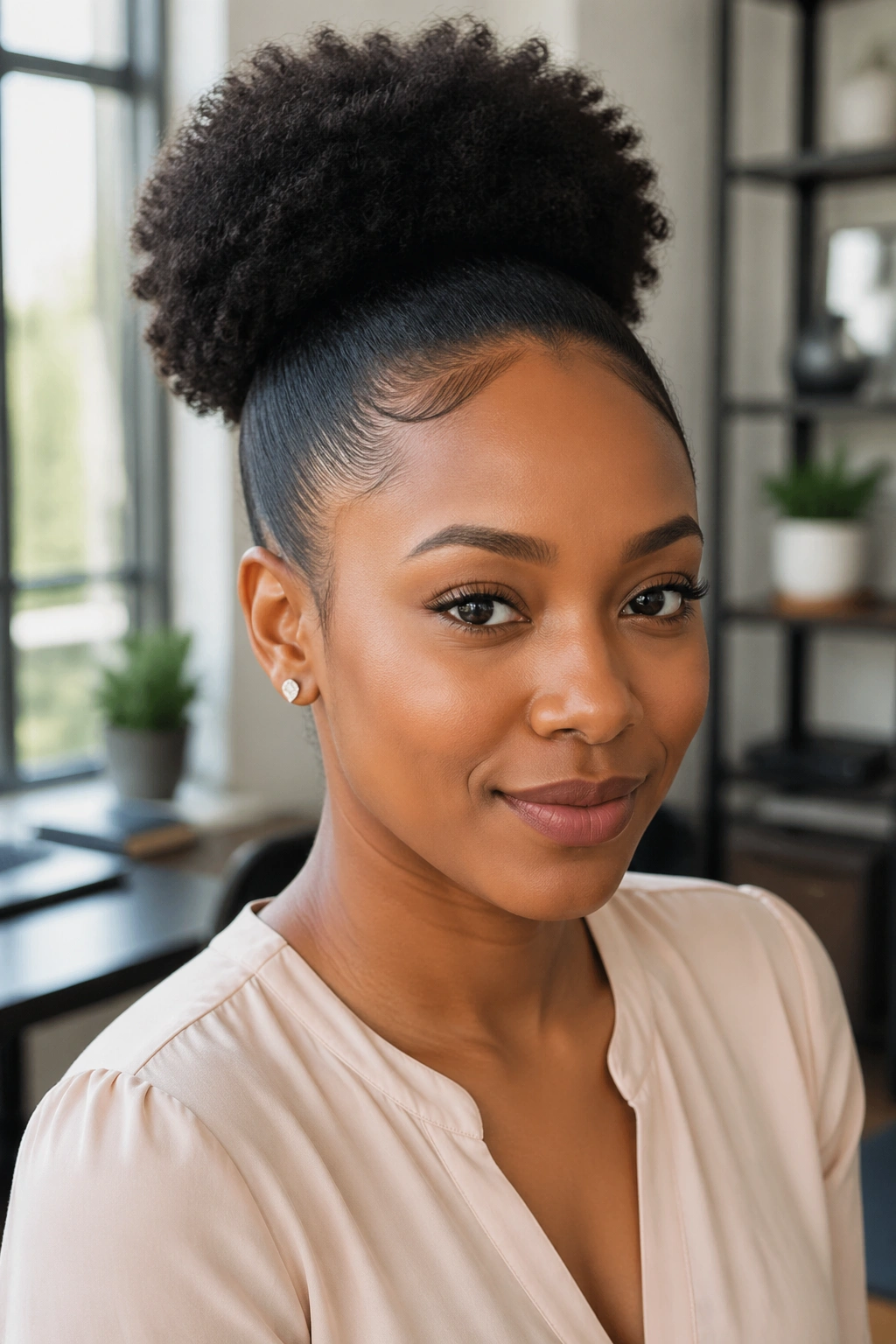 Close-up portrait of a real person with a sleek puff and clean hairline