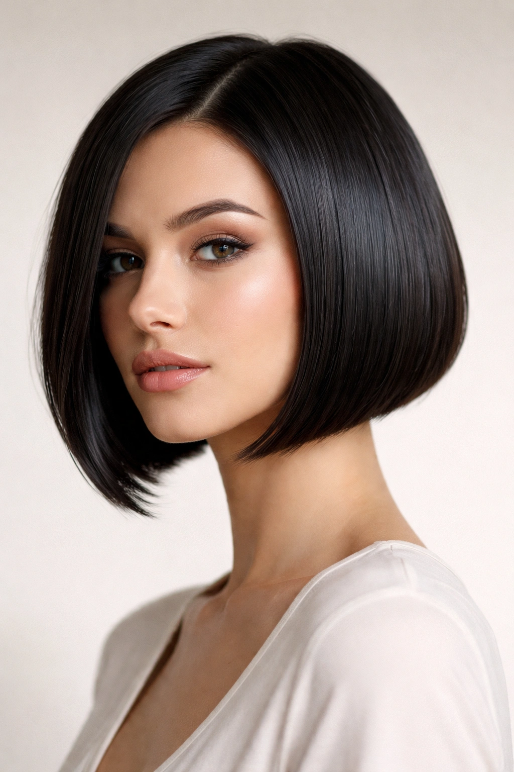 Sleek razor bob with glassy finish and clean line